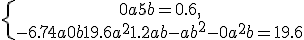 \left\{\begin{matrix} 0a + 5b = 0.6,\\ -6.74a + 0b + 19.6a^2 + 1.2ab - ab^2 -0a^2b = 19.6 \end{matrix}\right.