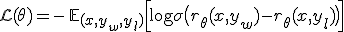 \mathcal{L}(\theta) = -\,\mathbb{E}_{(x, y_w, y_l)}\Big[\log \sigma\big(r_\theta(x, y_w) - r_\theta(x, y_l)\big)\Big]