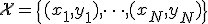 \mathcal{X} = \{(x_1, y_1), \dots, (x_N, y_N)\}