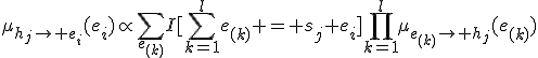 \mu_{h_j\rightarrow e_i}(e_i)\propto\sum_{e_{(k)}}I[\sum_{k=1}^le_{(k)} = s_j+e_i]\prod_{k=1}^l\mu_{e_{(k)}\rightarrow h_j}(e_{(k)})