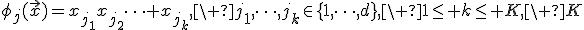 \phi_j(\vec{x})=x_{j_1}x_{j_2}\dots x_{j_k},\ j_1,\dots,j_k\in\{1,\dots,d\},\ 1\le k\le K,\ K