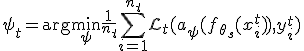 \psi_t = \arg\min_{\psi} \frac{1}{n_t} \sum_{i=1}^{n_t} \mathcal{L}_t(a_{\psi}(f_{\theta_s}(x_i^t)), y_i^t)