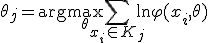 \theta_j = \mathrm{arg}\max_{\theta} \sum_{x_i \in K_j} \ln\varphi(x_i,\theta)