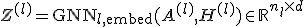 {Z}^{(l)} = \text{GNN}_{l, \text{embed}}(A^{(l)}, H^{(l)}) \in \mathbb{R}^{n_l \times d}