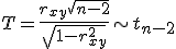  T = \frac{r_{xy}\sqrt{n-2}}{sqrt{1-r^2_{xy}}} \sim t_{n-2} 