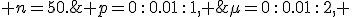 \left[-5+\mu,5+\mu\right]; \;\;\mu=0\,:\,0.01\,:\,2, \;\; p=0\,:\,0.01\,:\,1, \;\; n=50.