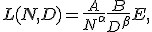 L(N, D) = \frac{A}{N^\alpha} + \frac{B}{D^\beta} + E,