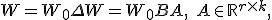 W = W_0 + \Delta W = W_0 + B A, \quad A \in \mathbb{R}^{r\times k},\; B \in \mathbb{R}^{d\times r}