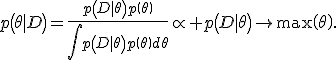 p\(\theta|D\)=\frac{p\(D|\theta\)p\(\theta\)}{\int{p\(D|\theta\)p\(\theta\)d\theta}}\propto p\(D|\theta\)\to\max\(\theta\).