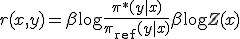 r(x,y) = \beta \log \frac{\pi^*(y|x)}{\pi_{\mathrm{ref}}(y|x)} + \beta \log Z(x)