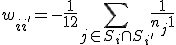 w_{ii'} = -\frac{1}{12}\sum\limits_{j \in S_i \cap S_{i'}}{\frac{1}{n_j+1}};