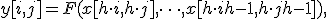 y[i, j] = F(x[h\cdot i, h\cdot j], \dots, x[h\cdot i + h - 1, h\cdot j + h - 1]),
