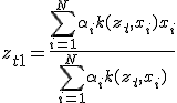 z_{t+1} = \frac{\sum_{i=1}^N \alpha_i k(z_t, x_i) x_i}{\sum_{i=1}^N \alpha_i k(z_t, x_i)}