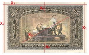 Банкнота в 1000 швейцарских франков серии, действовавшей в период с 1911 по 1958. Красным обозначены измеренные величины.
